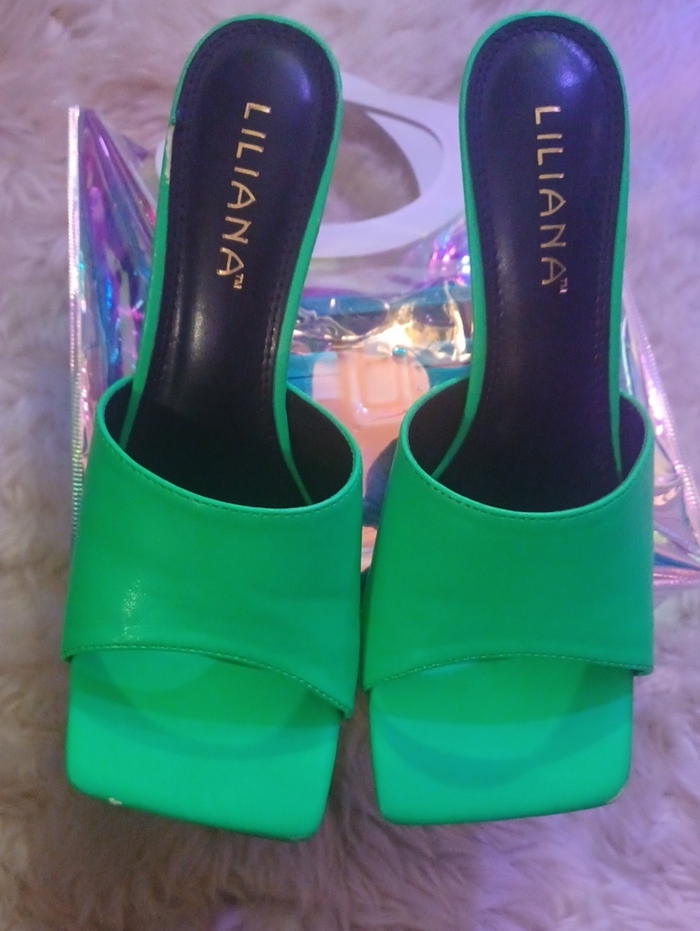 LILIANA Neon Lime Green Gold Metal Heeled Square Toe Mules Size 10.
